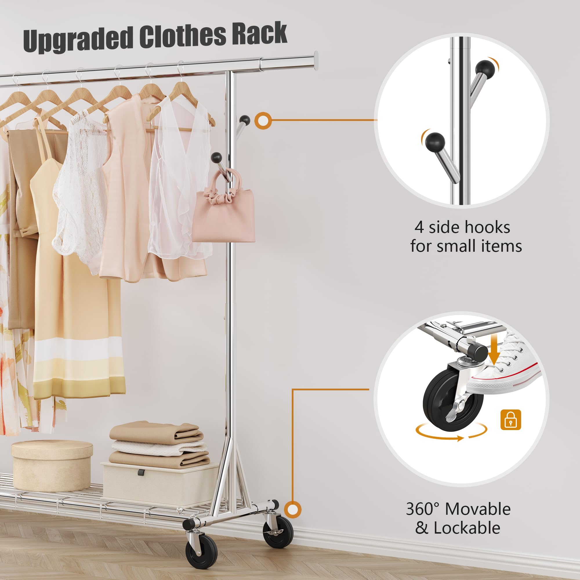 Gewudraw Heavy Duty Clothes Rack Load 480 LBS Metal Garment Rack Hang 200 pieces of clothing on Wheels Collapsible Rolling Portable & Adjustable Clothing Rack with Hook for Hanging Clothes