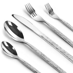 Qulable 20 Piece 18/10 Stainless Steel Flatware Sets for 4, Hammered Silverware Set,Silverware Cutlery Sets, Rust Proof Cutlery with Stone Textured Design Mirror Polished - Dishwasher Safe