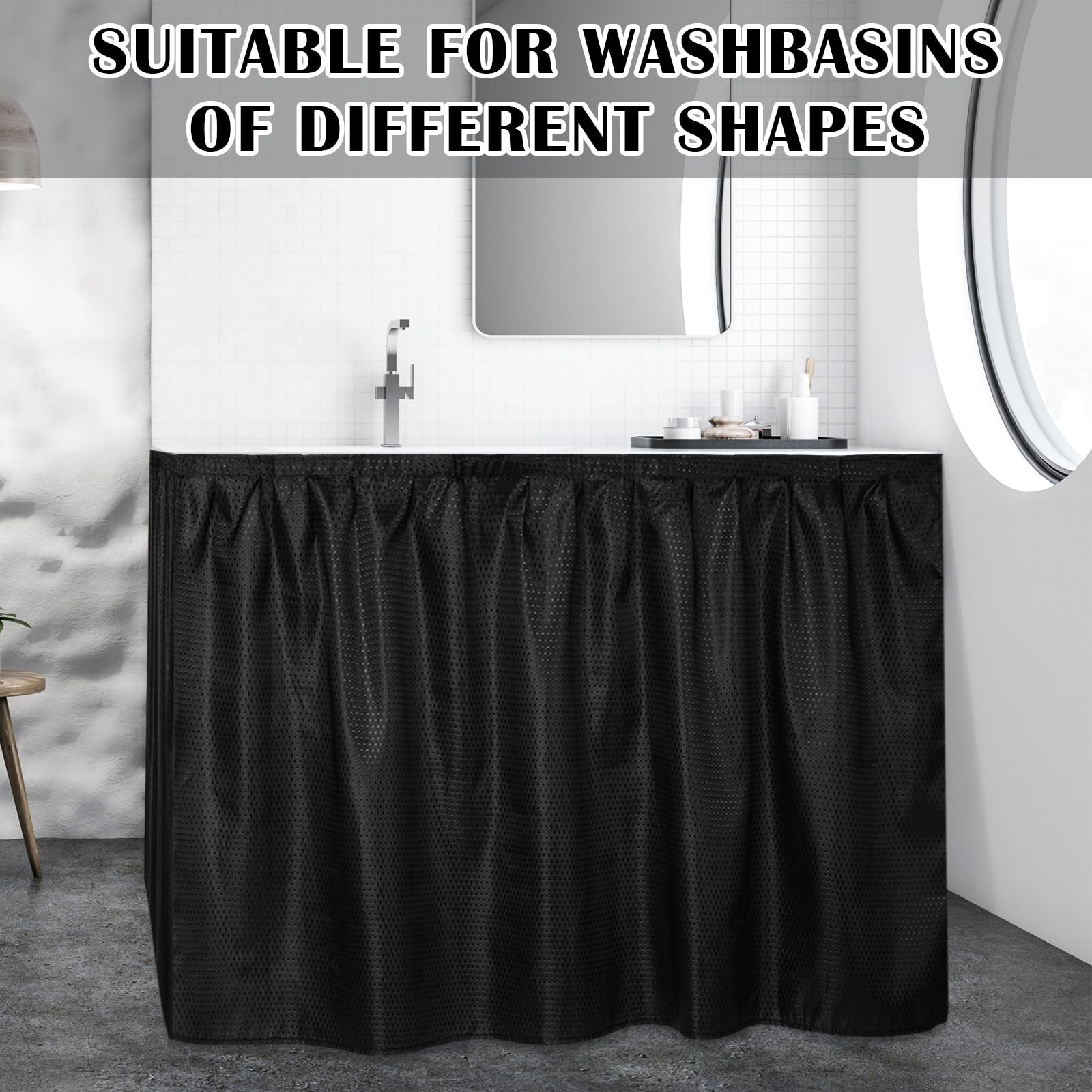 Windkream Fabric Sink Skirt Diamond Bathroom Stitch Black Self Stick Adhesive Waterproof Fabric Under Sink Curtain Skirt 55 x 32 Inch Sinks Adds Bathroom Storage