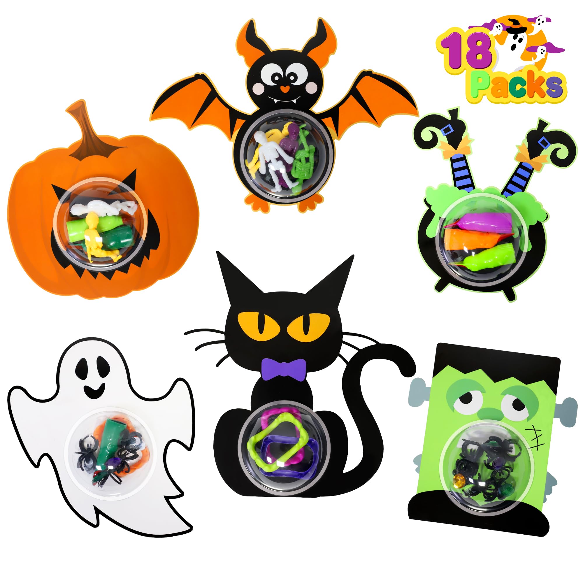 108Pcs Halloween Party Favors for Kids,18 Pack Halloween Candy Holder Cards with Bubble Domes Shaker,Halloween Treats Goodie Bag Fillers Basket Stuffers Trick or Treat Classroom Prizes Crafts Gift