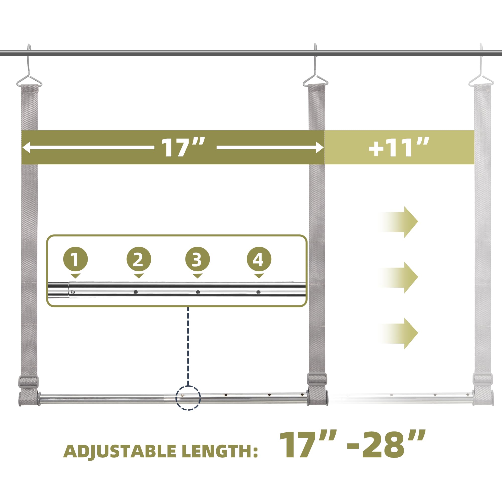 STORAGEIDEAS Hanging Closet Rod, 17-28In Adjustable Width and Up to 32In Height Adjustable Closet Rod Extender, Double Closet Rod Hanging Bar, Space-Saving Tension Hanging Organizer, Webbing, 1 Pack