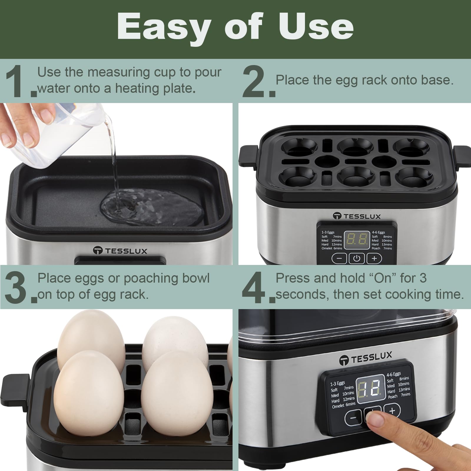 Tesslux Electric Rapid Egg Cooker, 6 Egg Capacity for Hard Boiled Eggs, Poached Eggs, Scrambled Eggs, or Omelets Maker with Auto Shut Off