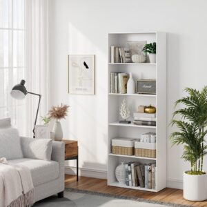 DORTALA Bookcase 5-Shelf Multi-Functional Modern Wood Storage Display Open Bookshelf for Home Office, White