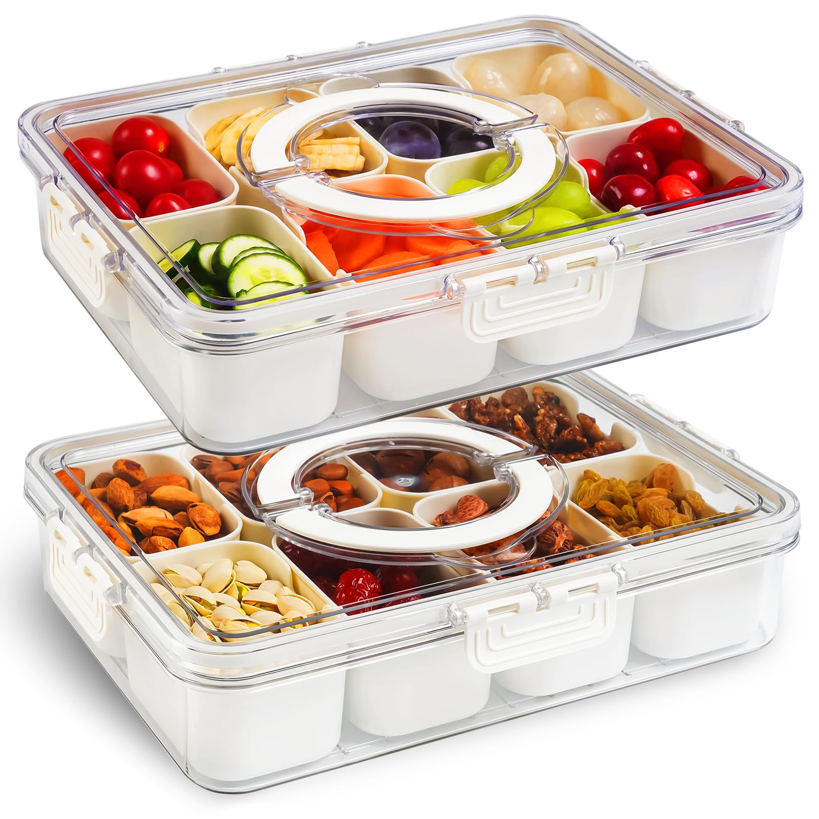 𝟮 𝗣𝗮𝗰𝗸 Divided Serving Tray with Lid and Handle, 8 Compartments Portable Snackle Box Container for Fruit, Veggies, Clear Snack Containers for Kids and Adult, Perfect for Travel, Camping, Picnic