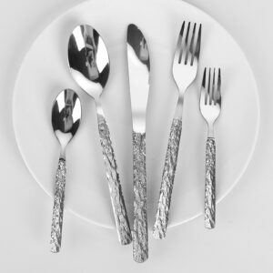 qulable 20 piece 18/10 stainless steel flatware sets for 4, hammered silverware set,silverware cutlery sets, rust proof cutlery with stone textured design mirror polished - dishwasher safe