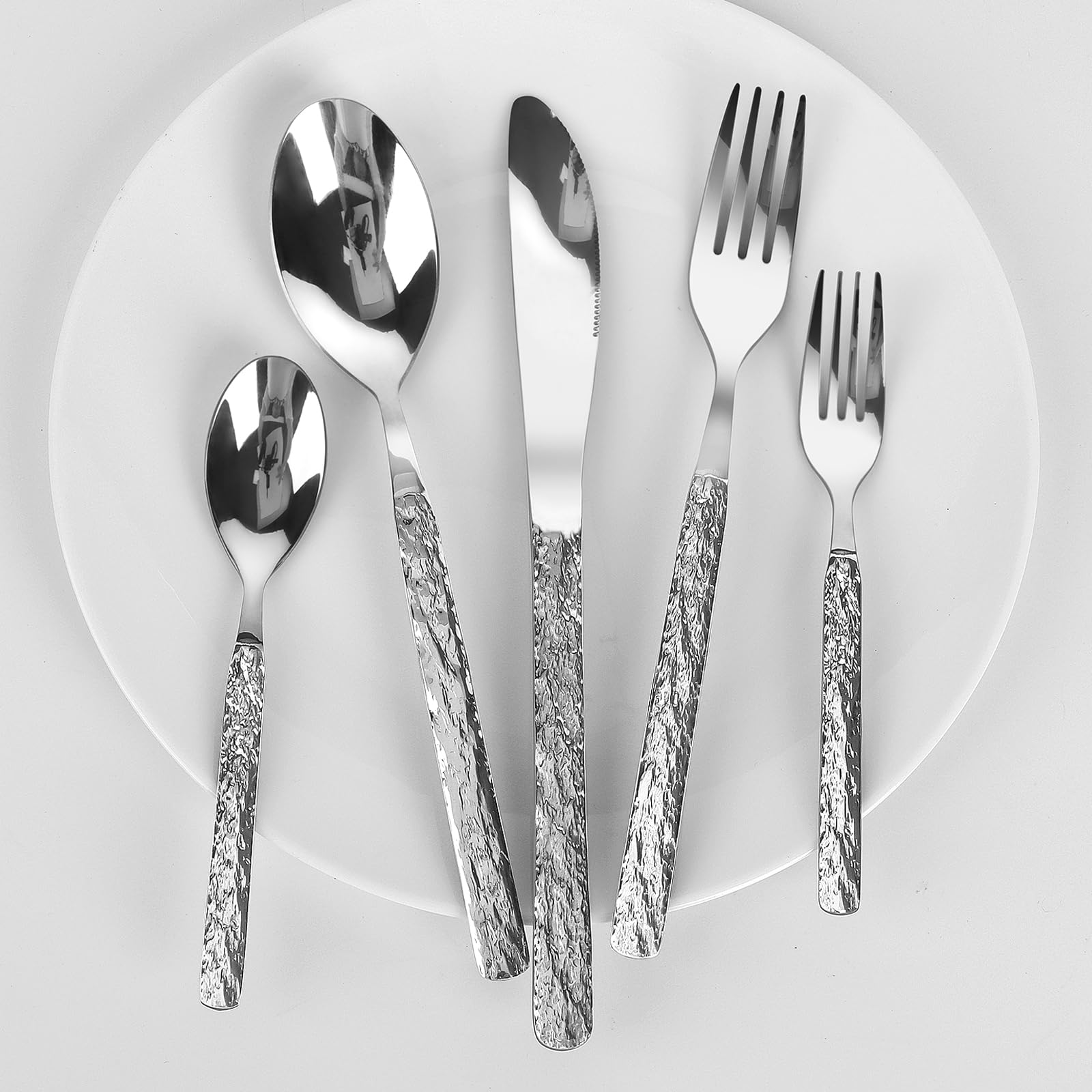 Qulable 20 Piece 18/10 Stainless Steel Flatware Sets for 4, Hammered Silverware Set,Silverware Cutlery Sets, Rust Proof Cutlery with Stone Textured Design Mirror Polished - Dishwasher Safe