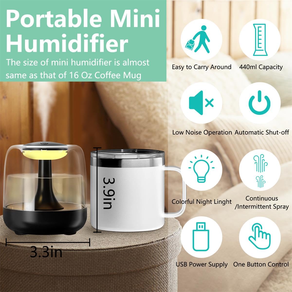 Portable Mini Humidifier for Bedroom, 440ml Small USB Cool Mist Humidifier with Colorful LED Night Light, Personal Desktop Humidifier for Office, Travel, Plants, Super Quiet, Black