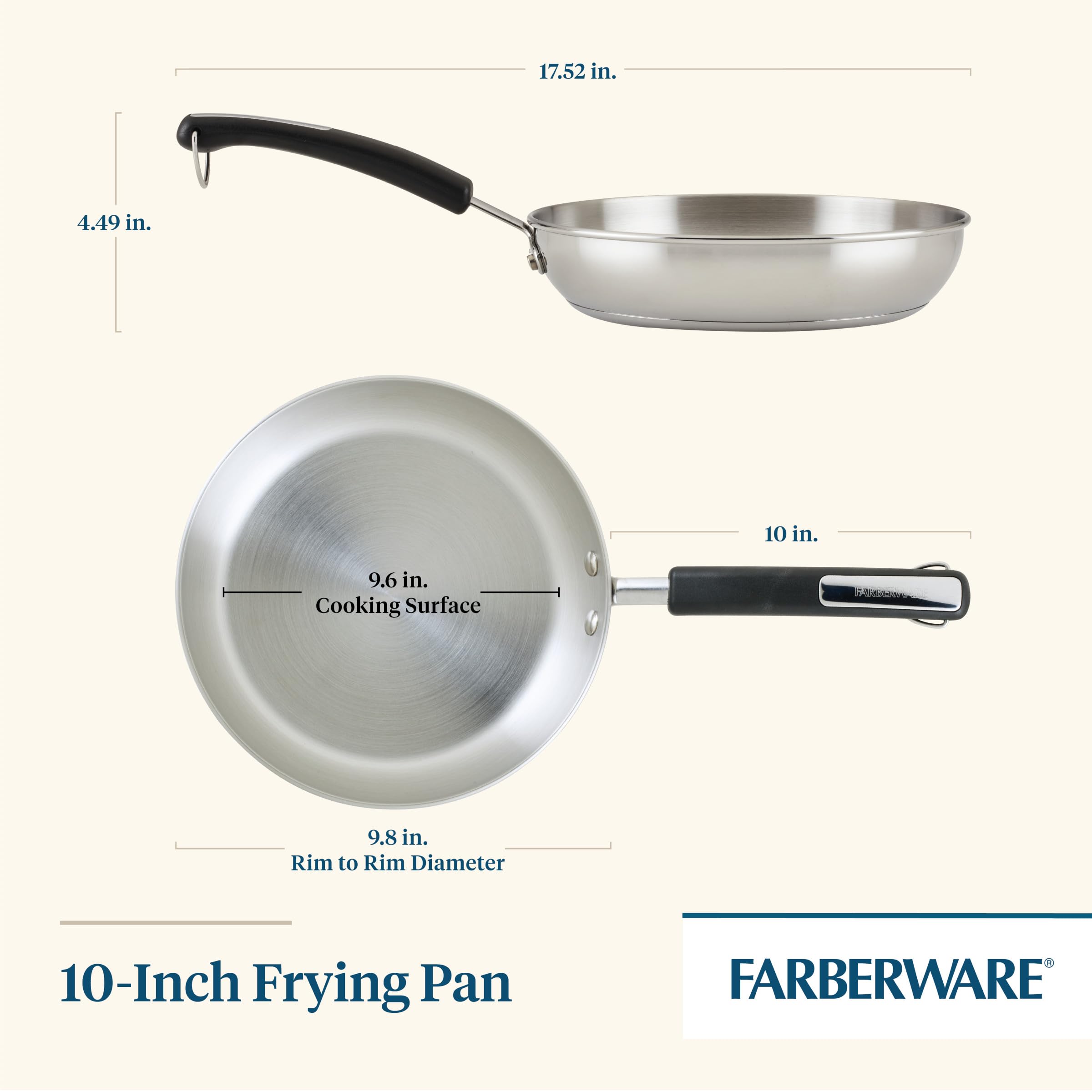 Farberware Brilliance Stainless Steel Frying Pan/Skillet,10 Inch, Dishwasher Safe and Induction Ready, Compatible with All Cooktops,Stainless Steel