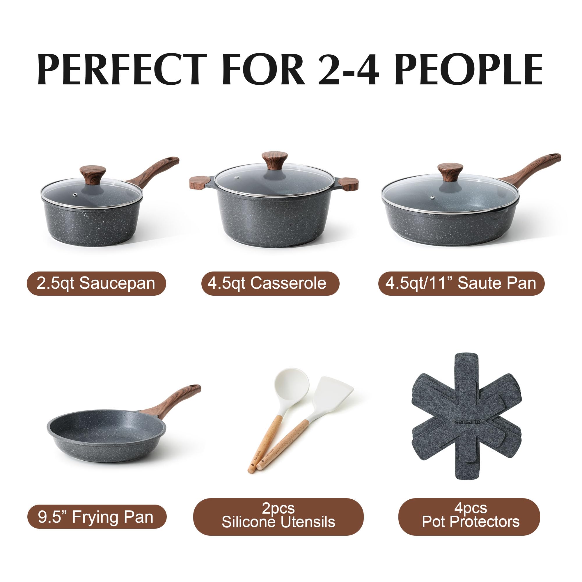 SENSARTE Nonstick Cookware Set 13-Piece, Non Stick Pots and Pans Set with Swiss Granite Coating, Non-toxic Kitchen Cooking Set, Stay-Cool Handles, PFOA Free