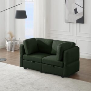 mikibama Convertible Modular Sectional Loveseat Sofa, 62" Modern Upholstered Fabric Couch with Storage Seats, Adjustable Arms and Backs, 2 Seater Sofa for Living Room Bedroom Apartment, Green