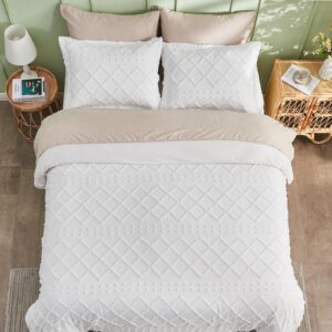 HYMOKEGE Duvet Cover Queen Size, Boho Tufted Queen Duvet Cover 3 Pieces, Soft & Lightweight Shabby Chic, Embroidery Bedding for All Seasons, 1 Duvet Cover 90" × 90" & 2 Pillow Shams, White