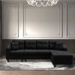 96" Sectional Sofa L-Shaped Couch with Chaise Lounge, Modern Corner Sofa Couch with Cup Holder and Pillows, 4-seat Sectional Sofa Cloud Couches for Living Room Apartment Office, Black