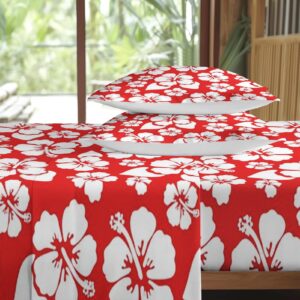 Pinbeam 4 Pcs Fitted Sheet Set Queen Size with Deep Pocket, Hibiscus Hawaiian Red Bedding Set with Pillowcase for Kids and Adults, Flower Hawaii Floral Flat Bed Sheet Set