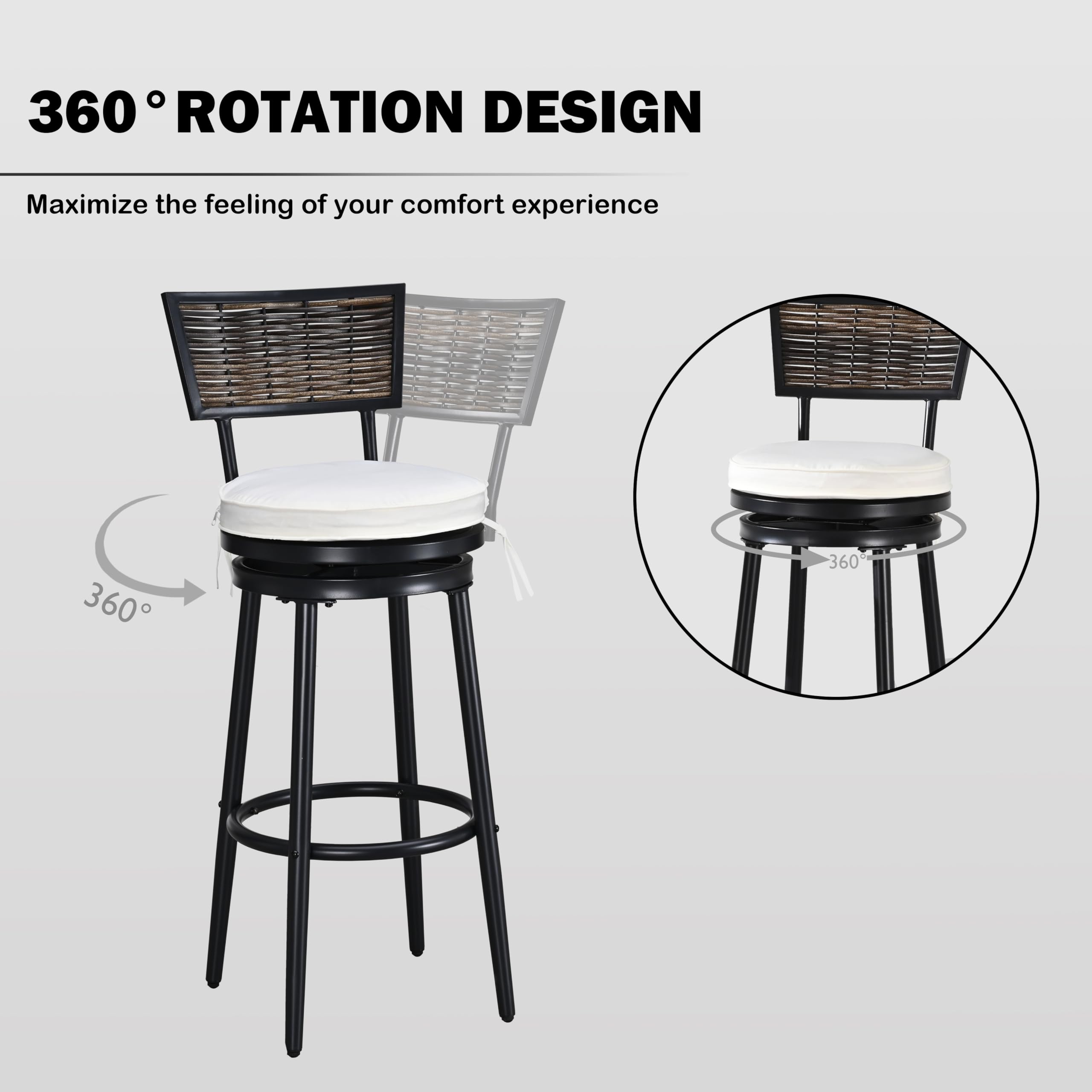 LOKATSE HOME 2 PCS Outdoor Swivel Barstools, Patio Bar Chairs with Wicker Back and Cushions for Backyard Deck Lawn Garden