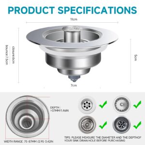 Upgraded 3 in 1 Kitchen Sink Drain Strainer - Stainless Steel Pop Up Sink Stopper Combo, Anti-Clogging Sink Catcher Basket, Fast Drainage Filter Sink Plug for US Standard 3 1/2 inch Drain