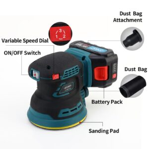 Cordless Orbital Sander, Brushless 5 Inch Electric Sander with Dust Collector, Sanderpapers, 7000-11000 OPM, 3 Speeds, Portable Palm Sander for Woodworking(No Battery)-JOVANT