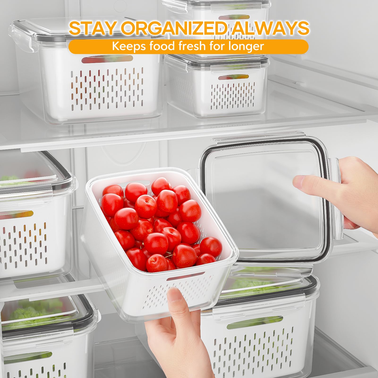 4 Pack Fruit Storage Containers for Fridge with Removable Colanders, Airtight Produce Vegetable Berry Containers for Fridge, All-In-One Food Storage Containers for Washing, Draining, Freshness