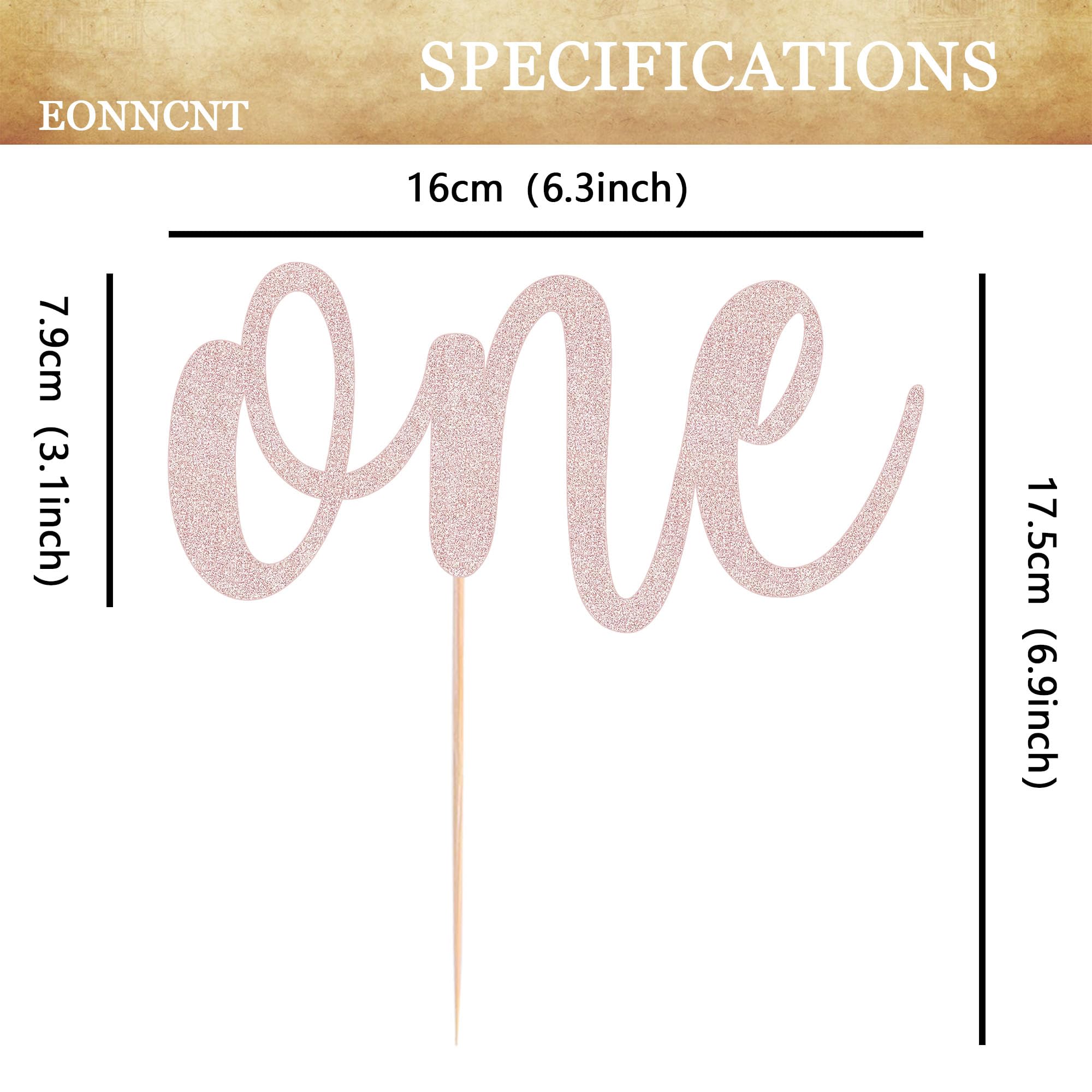 EONNCNT One Cake Topper - Rose Gold Glitter 1st Birthday Cake Decorating Supplies for Boys or Girls, First Birthday Cake Topper for Baby Shower 1st Birthday Party Supplies Photo Booth Props