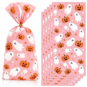 jarthenaamcs 100pcs halloween boo cellophane treat bags with twist ties ghost pumpkin plastic gift bags pink candy goodie bags for party snacks cookies packing supplies