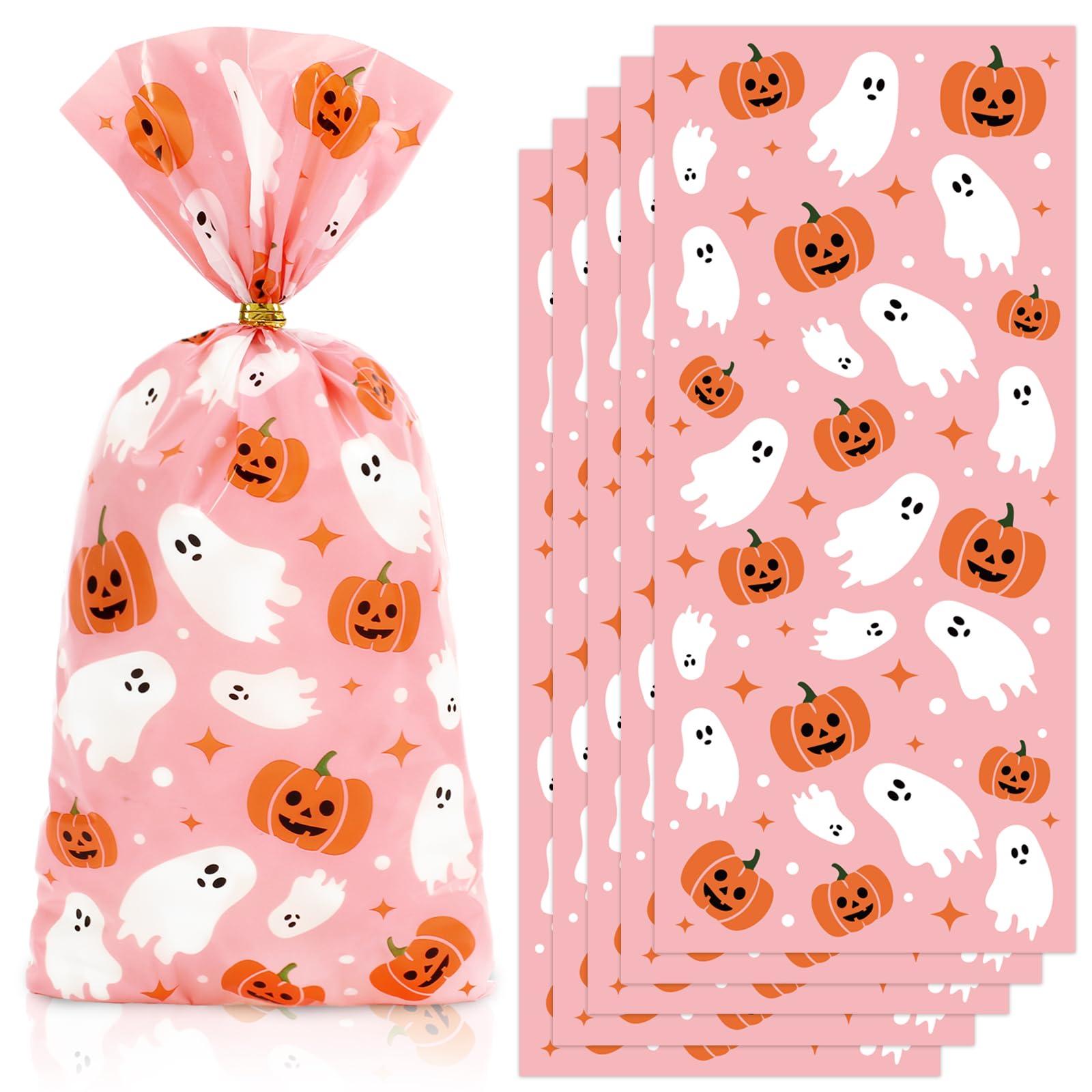 JarThenaAMCS 100Pcs Halloween Boo Cellophane Treat Bags with Twist Ties Ghost Pumpkin Plastic Gift Bags Pink Candy Goodie Bags for Party Snacks Cookies Packing Supplies