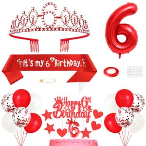 6th birthday decorations for girls, birthday princess crown queen tiara, it's my 6th birthday sash, 6 year old birthday cake topper, number candles balloons set for birthday party supplies, red