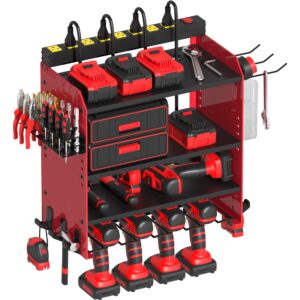 modular power tool organizer wall mount wtih charging station,garage 4 drill holder wall mount with 8 outlet power strip,heavy duty tool rack with hooks,screwdriver rack in workshop,workbench