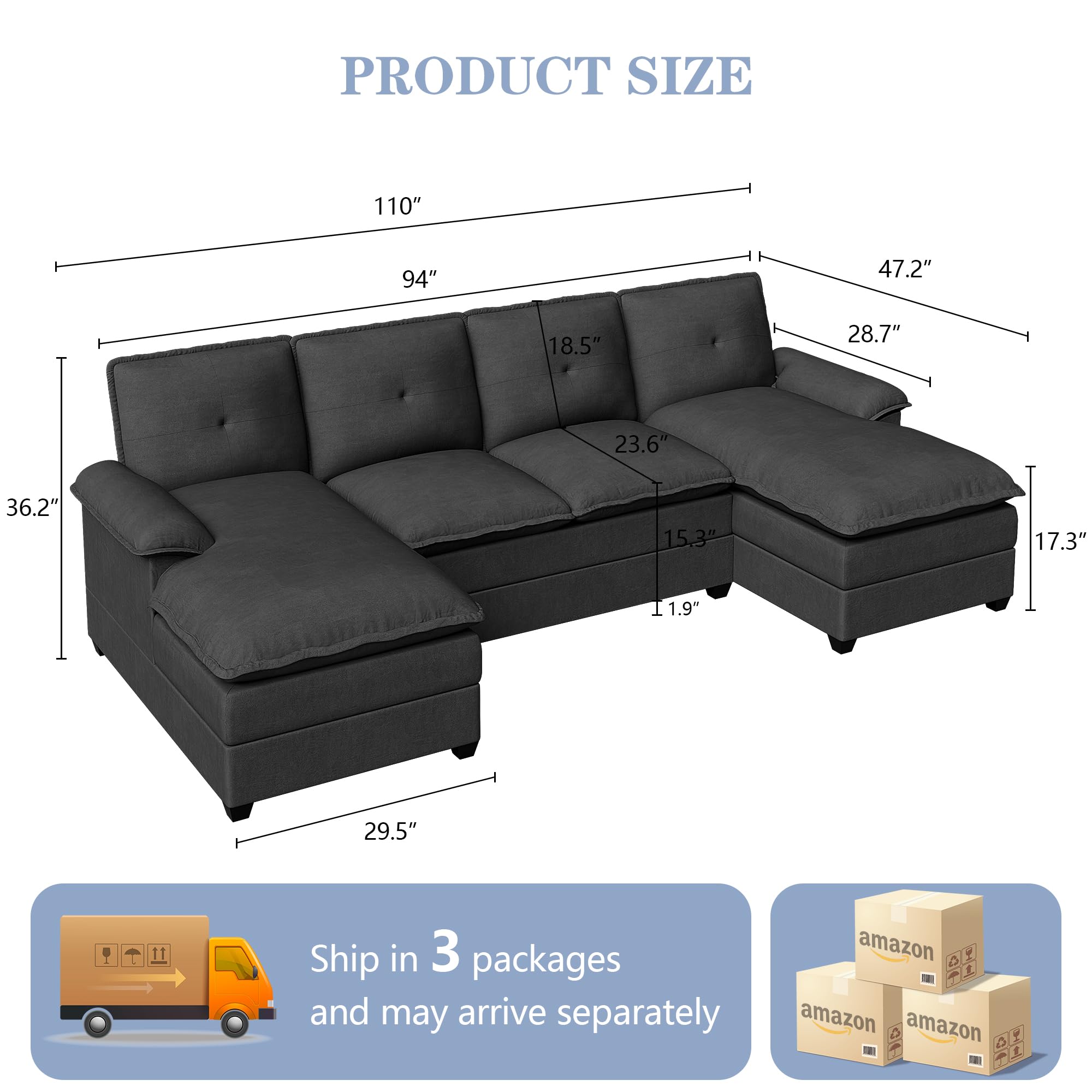 Shintenchi 110" Modular Sectional Couches for Living Room, U-Shaped Sofa Couch with Double Chaise, 4 Seat Sofa Sets with Thick Cushion & Soft Backrest, Black