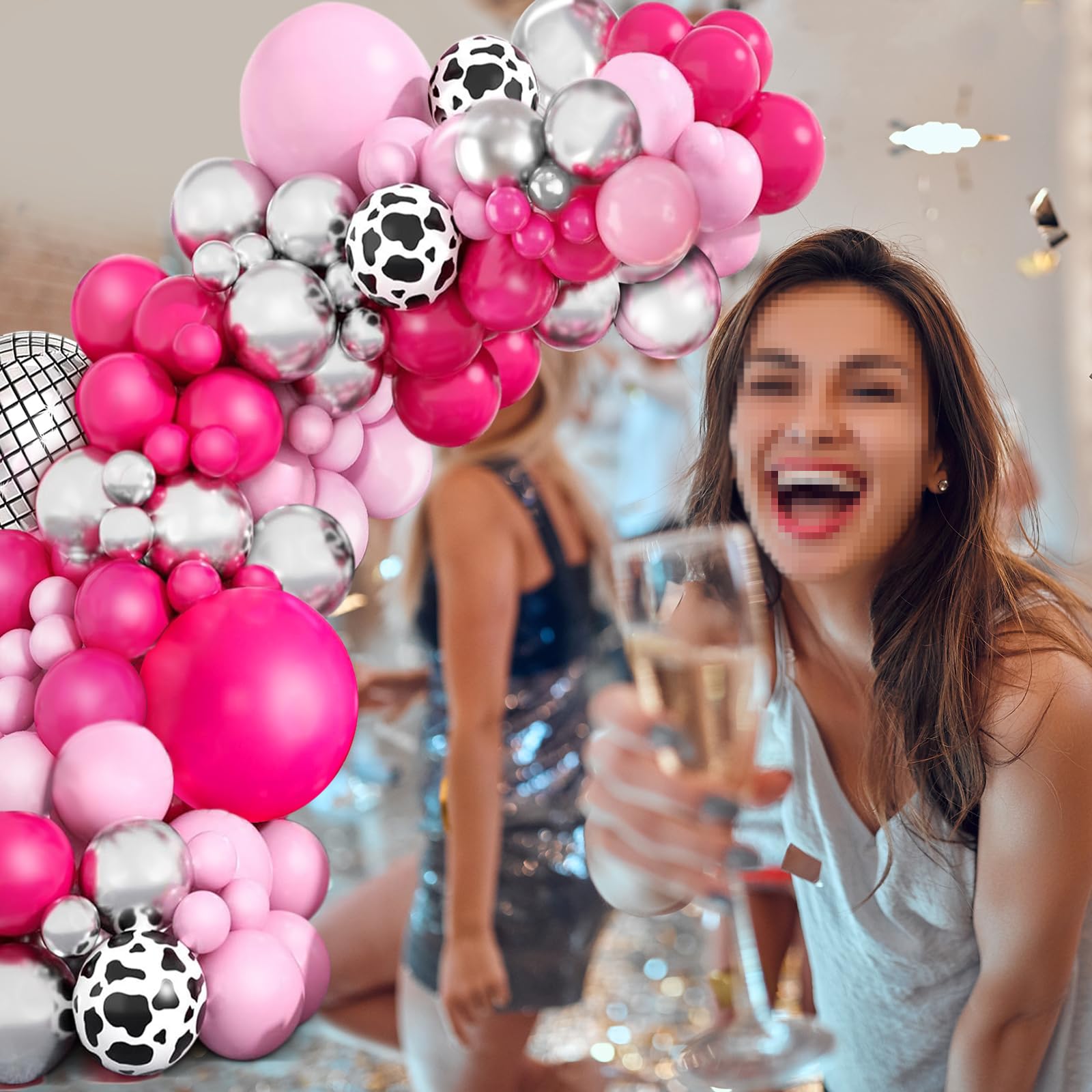 Hot Pink Silver Balloon Arch Garland Kit, Pink Metallic Silver Balloons with Silver Disco Ball Foil Balloon for Girls Women Birthday Party Valentine's Day Bridal Shower Wedding Mother's Day