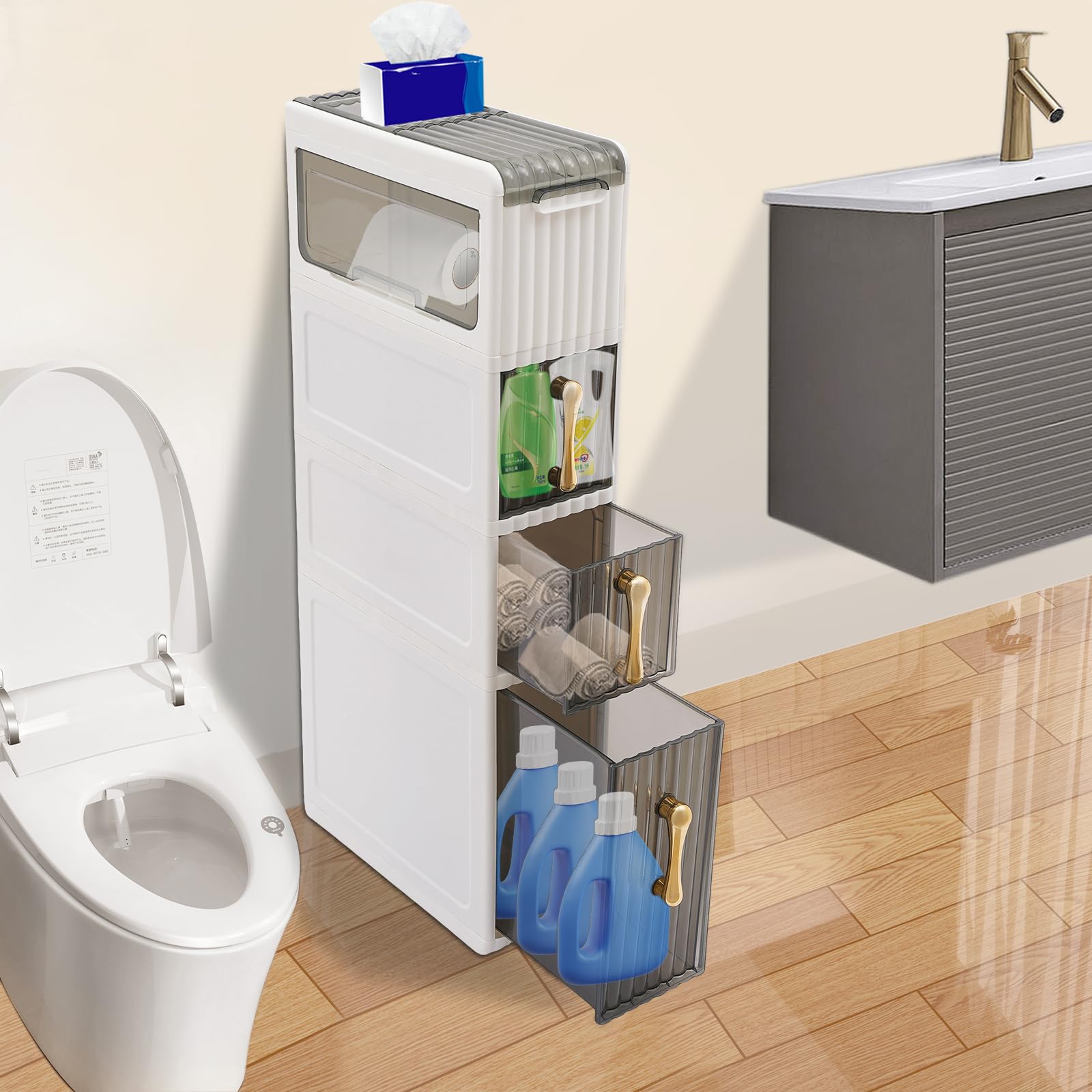 HuaShuani Plastic Bathroom Floor Cabinet, Narrow Bathroom Storage Cabinet with Toilet Paper Holder Organizer for Crevice Storage, 7.48 * 16.73 * 37.4in