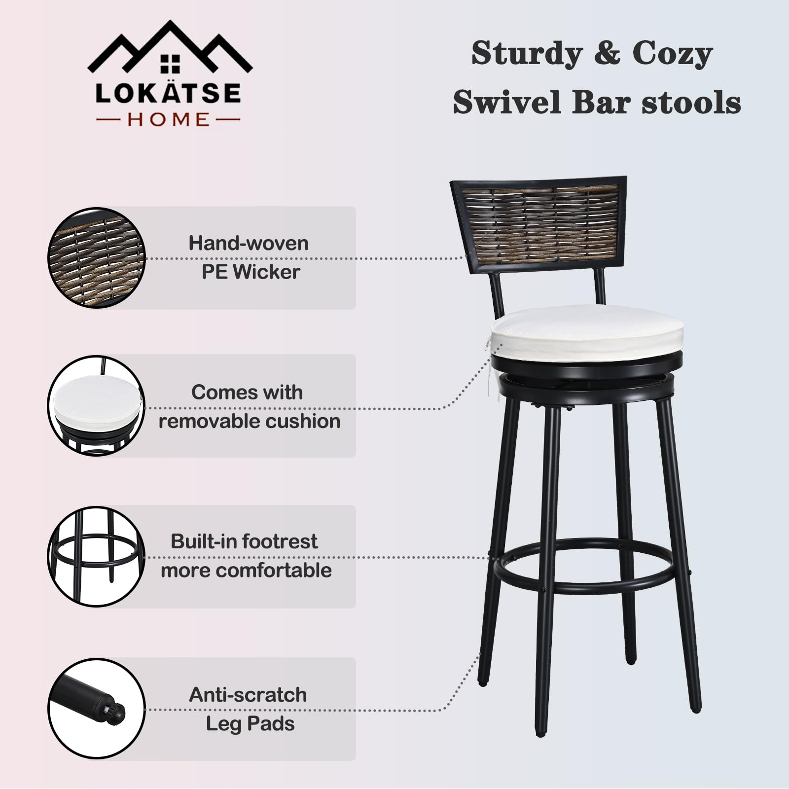 LOKATSE HOME 2 PCS Outdoor Swivel Barstools, Patio Bar Chairs with Wicker Back and Cushions for Backyard Deck Lawn Garden