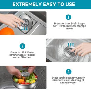 Upgraded 3 in 1 Kitchen Sink Drain Strainer - Stainless Steel Pop Up Sink Stopper Combo, Anti-Clogging Sink Catcher Basket, Fast Drainage Filter Sink Plug for US Standard 3 1/2 inch Drain