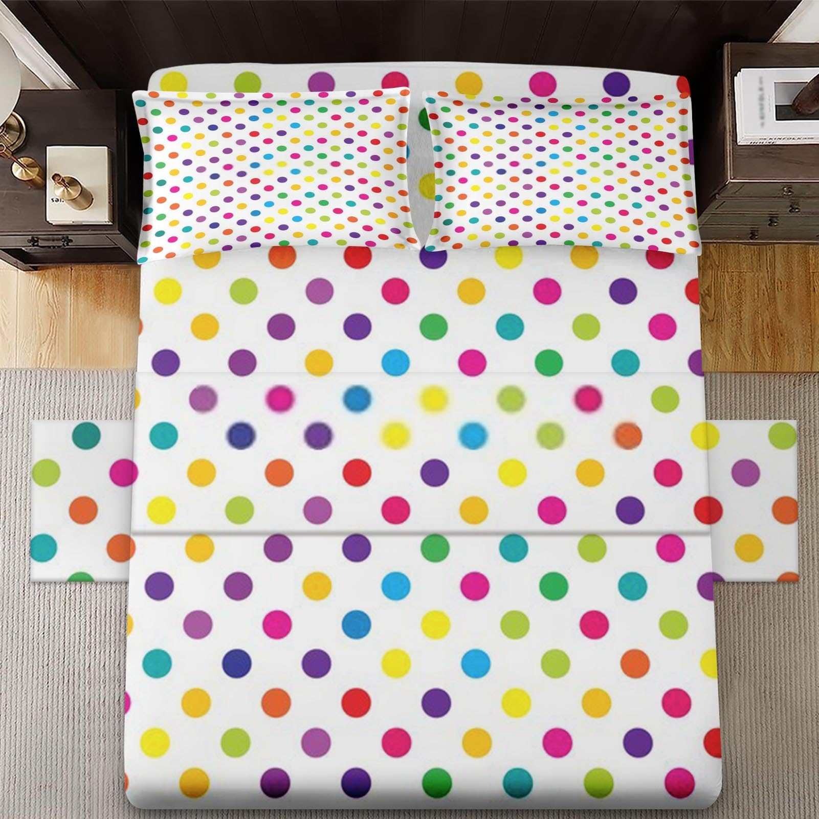 Pinbeam 3 Pcs Fitted Sheet Set Twin Size with Deep Pocket, Polka Dot Kids Bedding Set with Pillowcase for Kids and Adults, Inspired Candy Fun Flat Bed Sheet Set