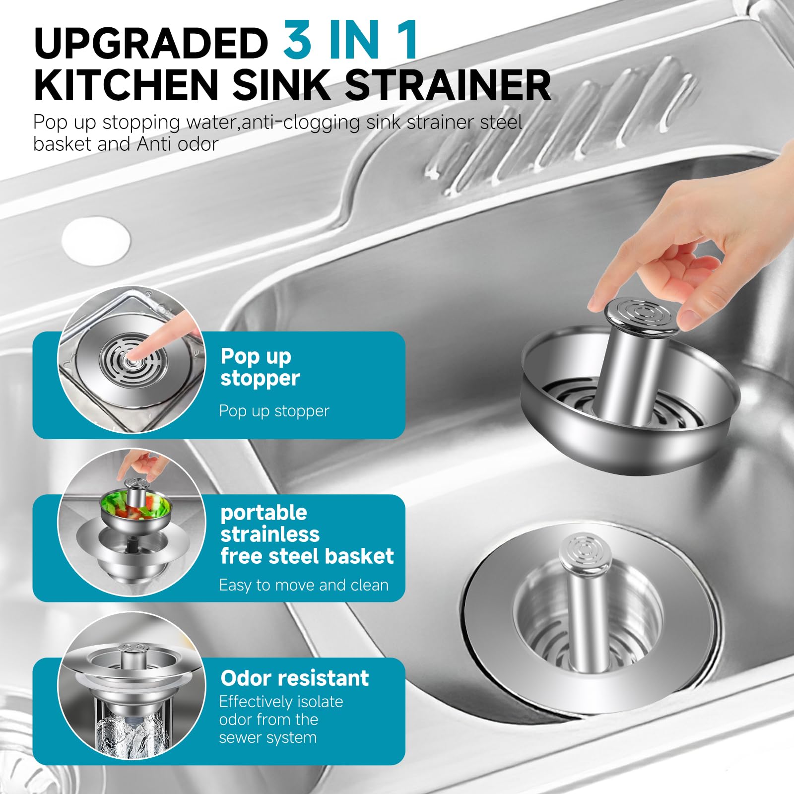 Upgraded 3 in 1 Kitchen Sink Drain Strainer - Stainless Steel Pop Up Sink Stopper Combo, Anti-Clogging Sink Catcher Basket, Fast Drainage Filter Sink Plug for US Standard 3 1/2 inch Drain