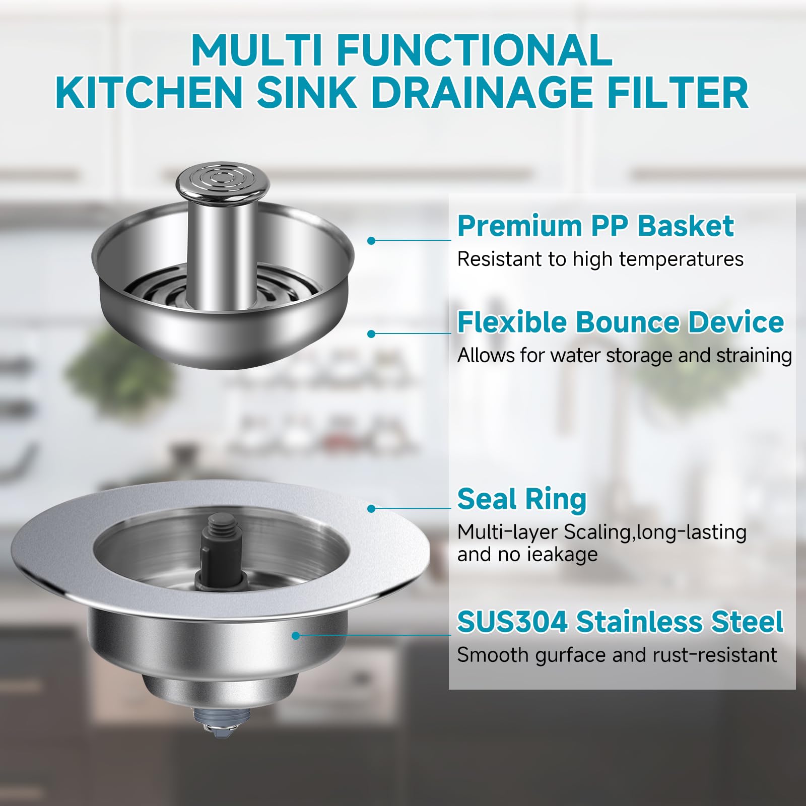 Upgraded 3 in 1 Kitchen Sink Drain Strainer - Stainless Steel Pop Up Sink Stopper Combo, Anti-Clogging Sink Catcher Basket, Fast Drainage Filter Sink Plug for US Standard 3 1/2 inch Drain