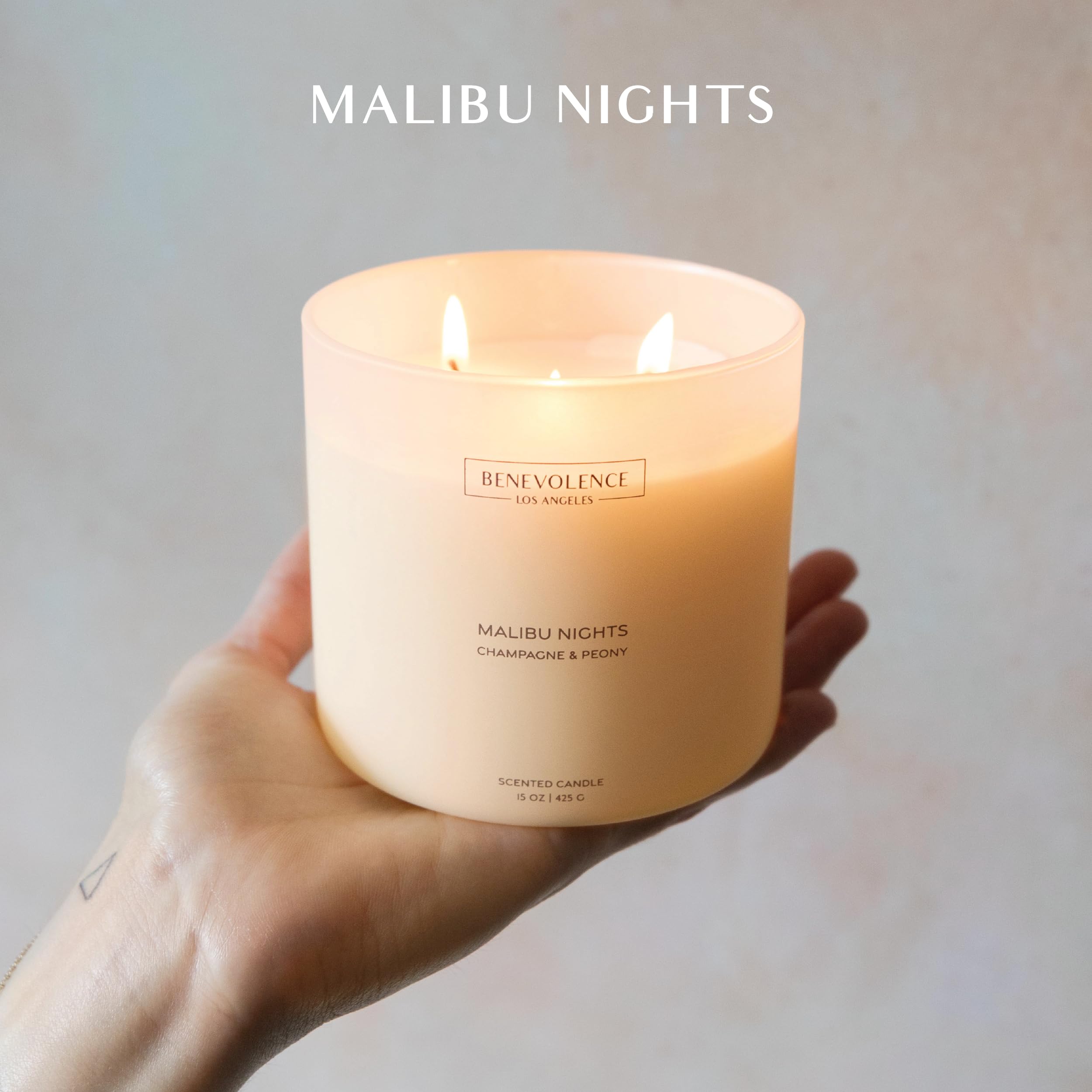 Benevolence LA Malibu Nights Scented Candle | Champagne & Peony | 15oz, 50-Hour Burn | Luxurious Home Fragrance | Natural Wax, Cotton Wick | Malibu Sands Collection