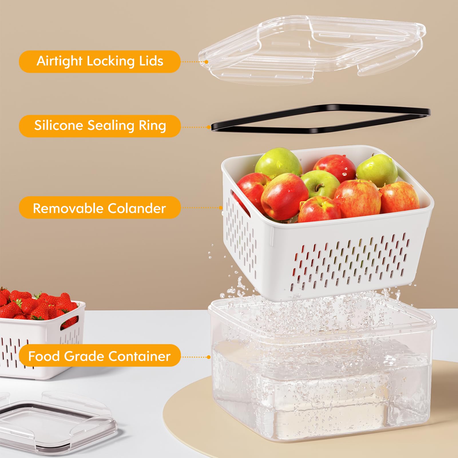 4 Pack Fruit Storage Containers for Fridge with Removable Colanders, Airtight Produce Vegetable Berry Containers for Fridge, All-In-One Food Storage Containers for Washing, Draining, Freshness