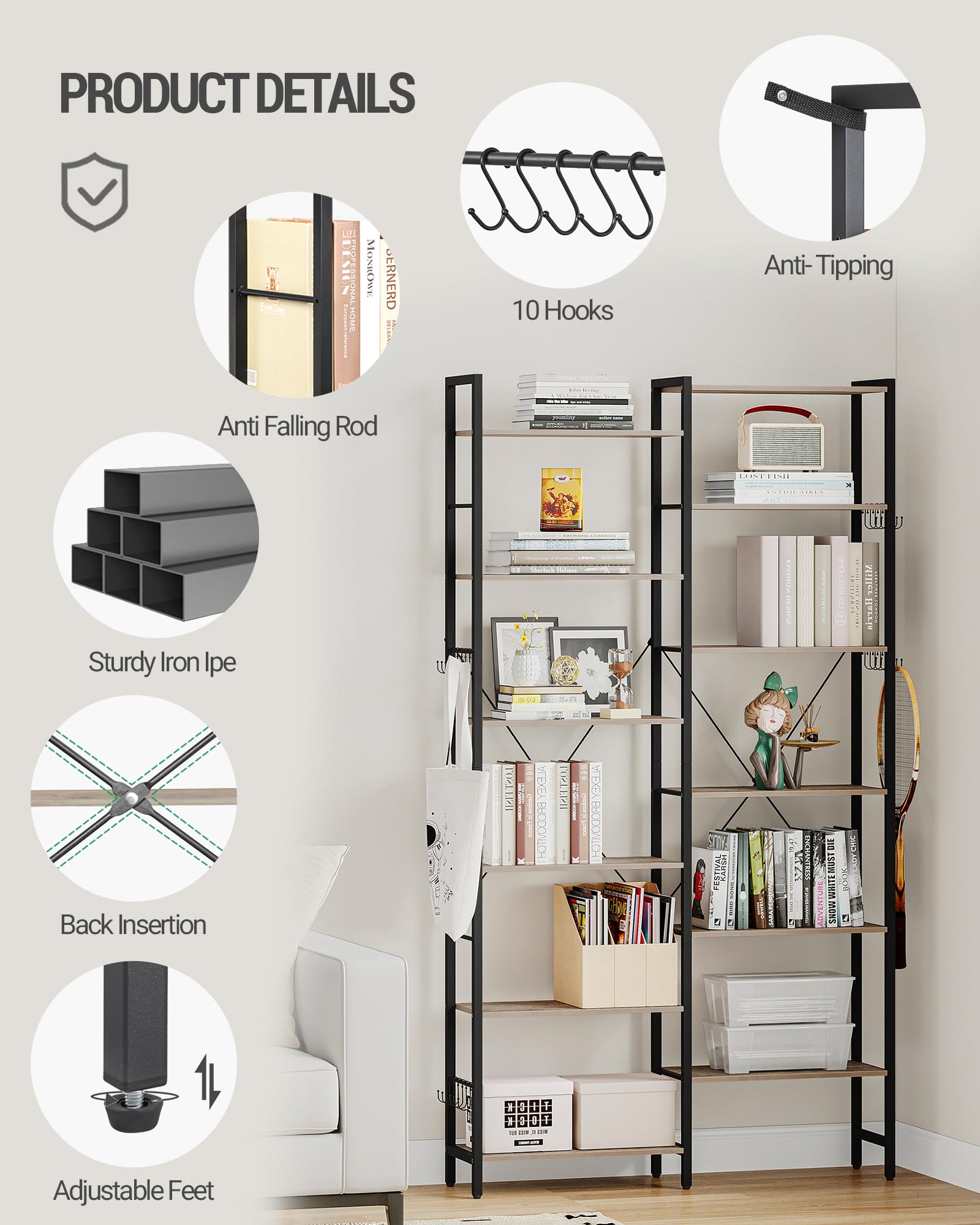 Hzuaneri Corner Bookshelf Bookcase, L-Shaped Industrial Bookshelves, Modern Tall Bookcases, Freestanding Display Shelf Storage Rack for Bedroom, Living Room, Home Office, 6-Tier Greige BC29605B