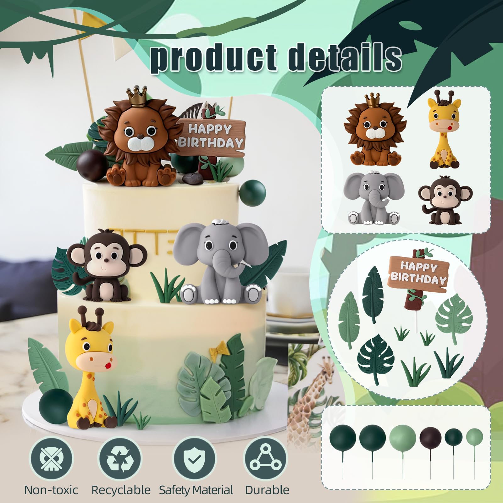 19pcs Safari Animal Cake Topper - Jungle Wild Cake Toppers with Leaves Balls Cake Decorations for Safari Animals Themed Birthday Party Decorations (Safari Animal Style)