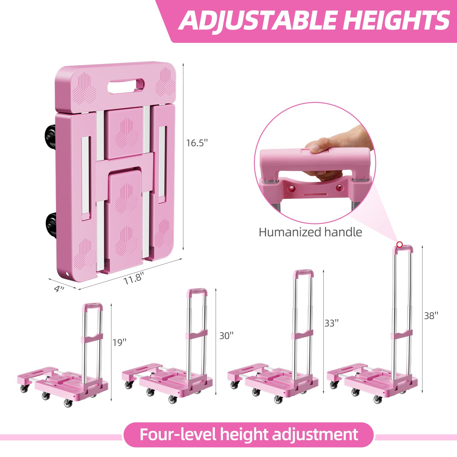 OUNAN 90° Multi-Functional Folding Hand Truck,500lbs Heavy Duty Dolly - Dolly Cart with 6 Wheels & 2 Elastic Ropes, Hand Cart with Upright Handle for Moving, Trolley, Travel, Office and Home Use(PINK)