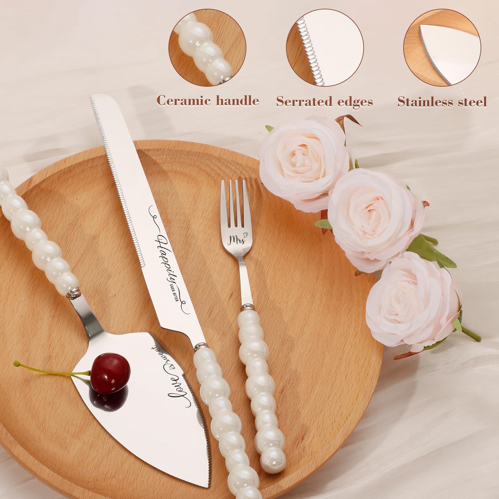 TUKDAK Pearl Wedding Cake Cutting Set with Forks, Cake Knife and Server Set with Stainless Steel Serrated Edges, Silver Pie Cutter Pizza Spatula, Gift for Bridal Couples Engagement