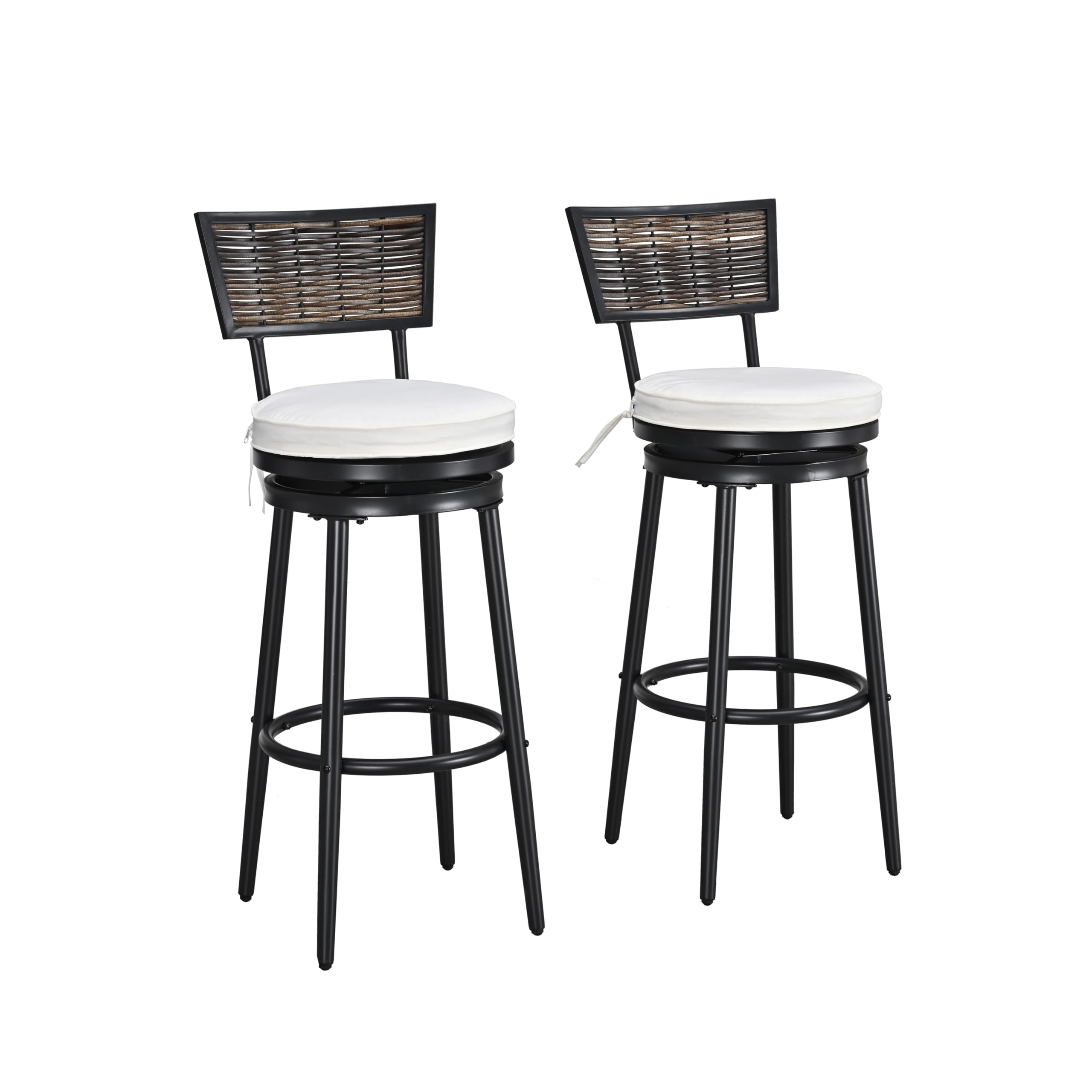 LOKATSE HOME 2 PCS Outdoor Swivel Barstools, Patio Bar Chairs with Wicker Back and Cushions for Backyard Deck Lawn Garden