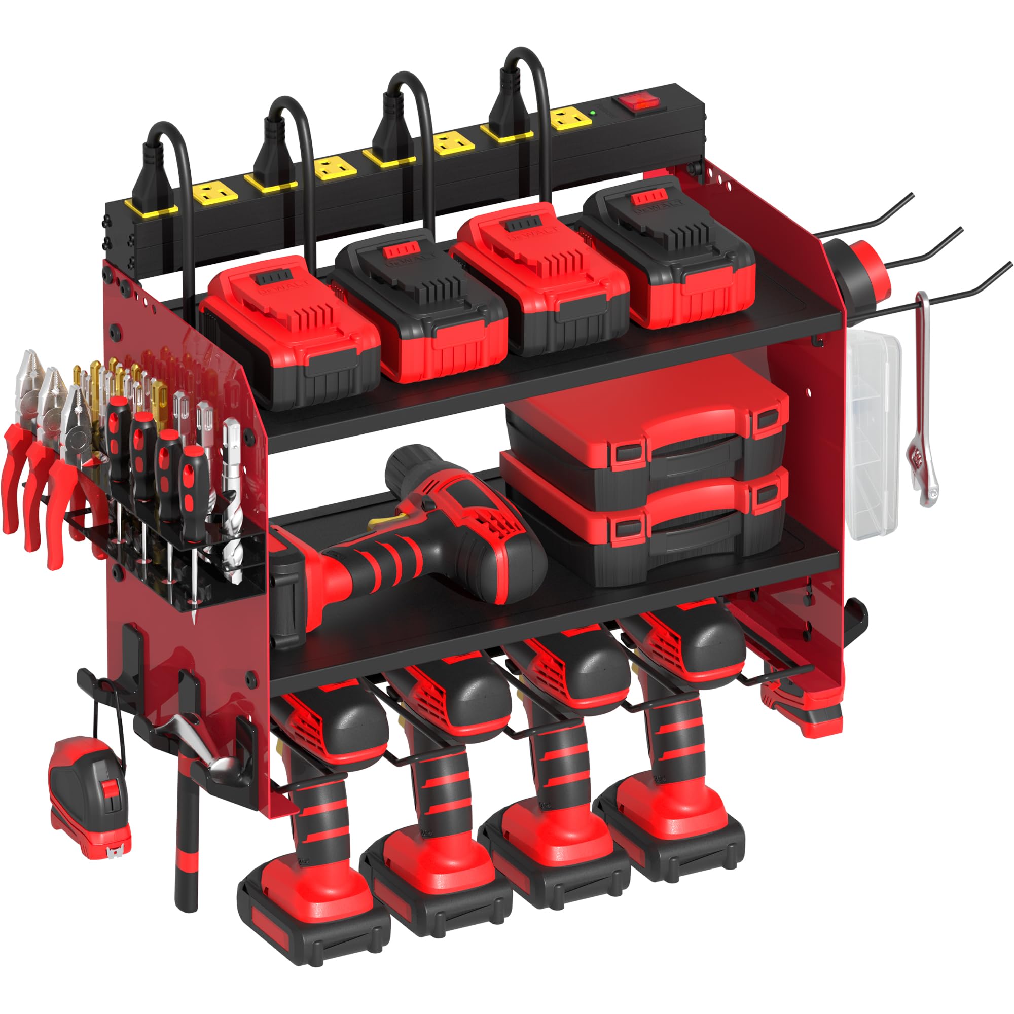 CFMASTER Power Tool Organizer Wall Mount wtih Charging Station,Garage 4 Drill Holder Wall Mount with 8 Outlet Power Strip,Heavy Duty Tool Rack with Hooks,Screwdriver Organizer in Workshop,Workbench