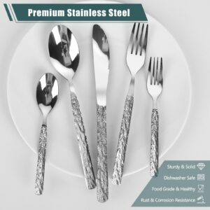 Qulable 20 Piece 18/10 Stainless Steel Flatware Sets for 4, Hammered Silverware Set,Silverware Cutlery Sets, Rust Proof Cutlery with Stone Textured Design Mirror Polished - Dishwasher Safe