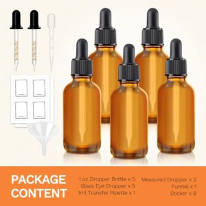 Bumobum 5 Pack, 1 oz Dropper Bottle with 2 Extra Graduated Calibrated Glass Dropper (1ml), Amber Glass Dropper Bottle 30ml Empty Dark Brown Tincture Bottles Eye Dropper for Essential Oils, Liquids