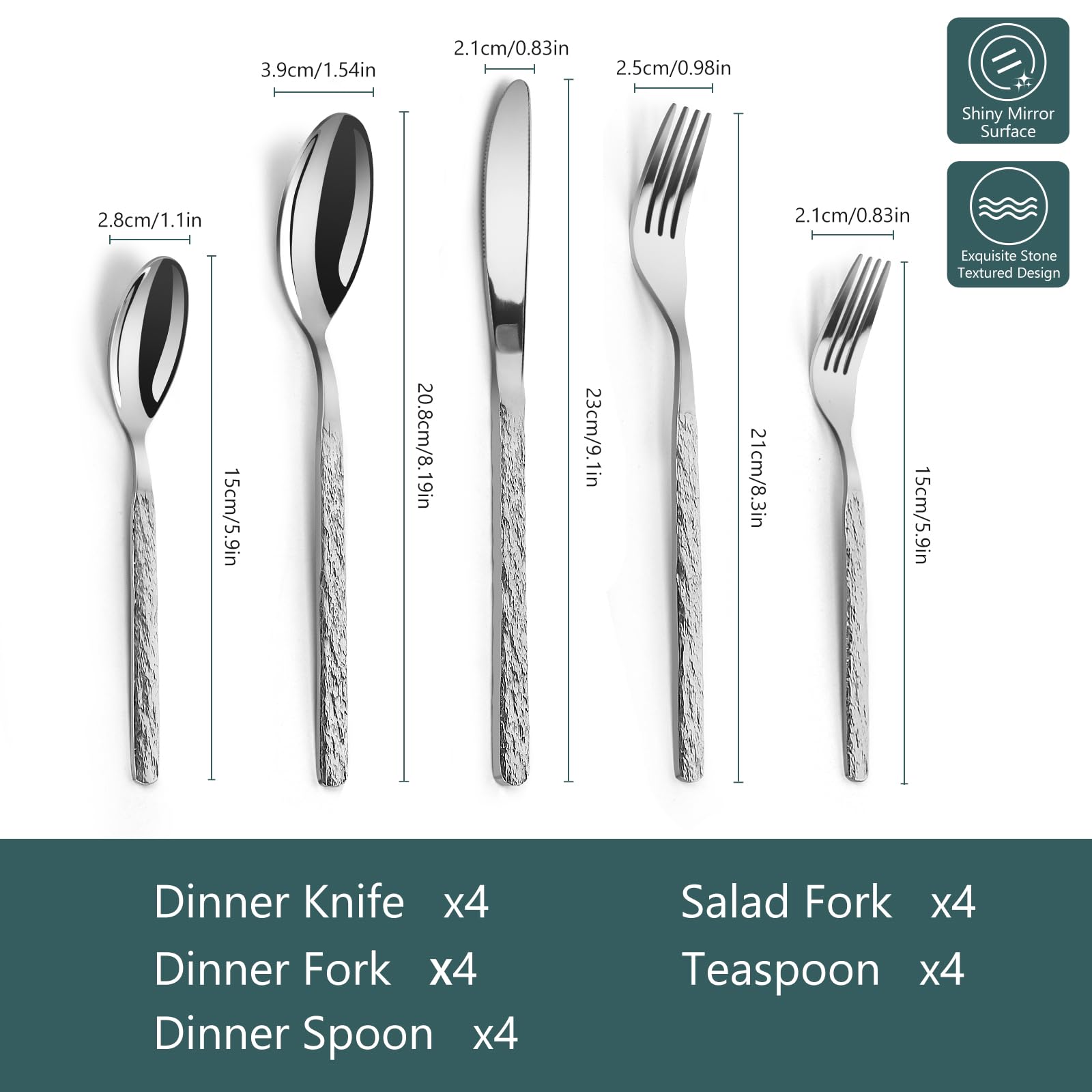 Qulable 20 Piece 18/10 Stainless Steel Flatware Sets for 4, Hammered Silverware Set,Silverware Cutlery Sets, Rust Proof Cutlery with Stone Textured Design Mirror Polished - Dishwasher Safe