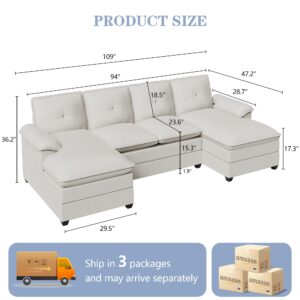 Shintenchi 110" Sectional Sofa Couch, U-Shaped Modular Couch Sleeper with Thick Cushion & Soft Backrest, 4 Seat Sofa Couch with Double Chaise for Living Room, Creamy White