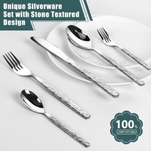 Qulable 20 Piece 18/10 Stainless Steel Flatware Sets for 4, Hammered Silverware Set,Silverware Cutlery Sets, Rust Proof Cutlery with Stone Textured Design Mirror Polished - Dishwasher Safe