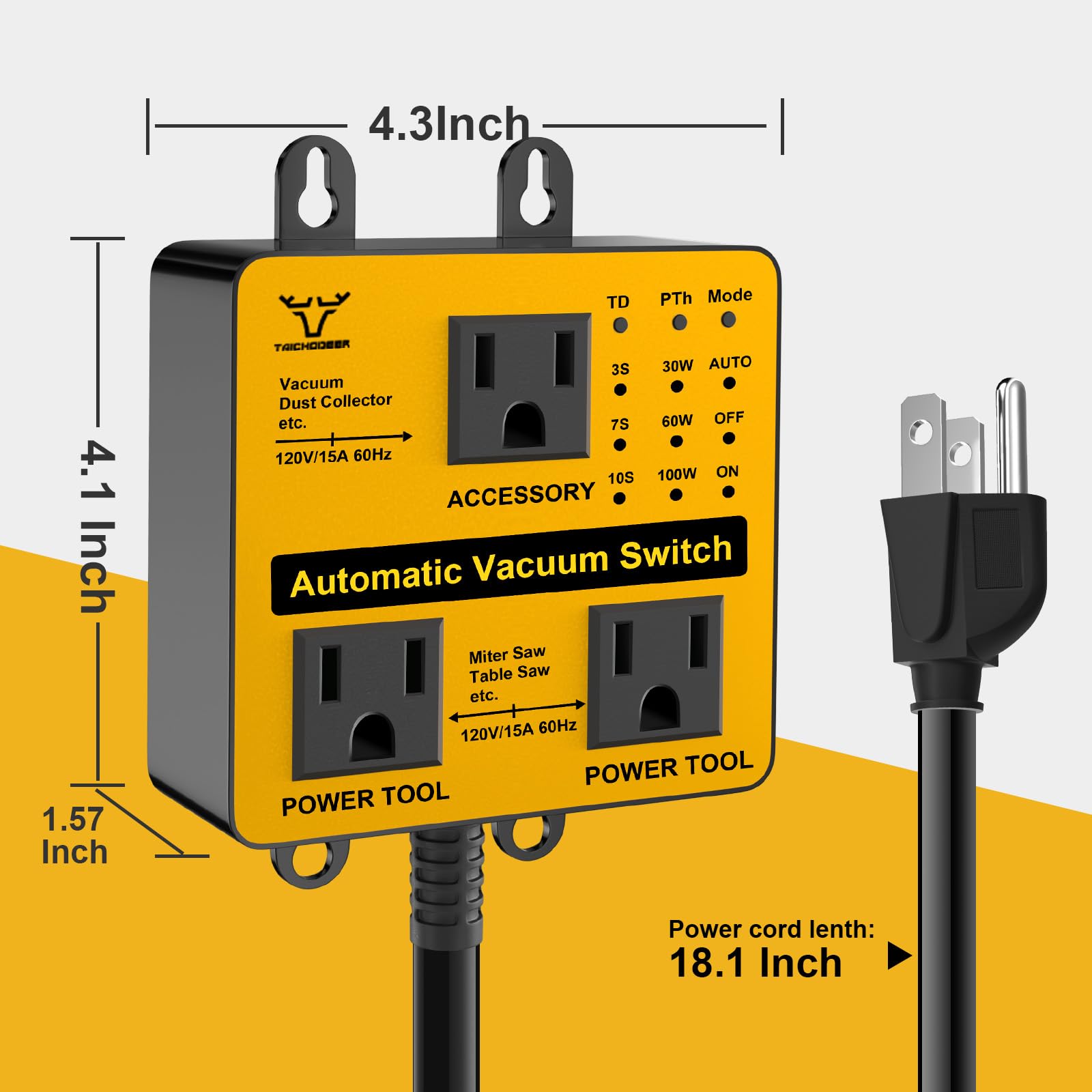 Upgraded Automatic Vacuum Switch, Autoswitch for Dust Collector, Customizable Delay (3/7/10s) for Shop Vac, Adjustable Power Tool Trigger (30/60/100W), with Overload and Tripping Protection