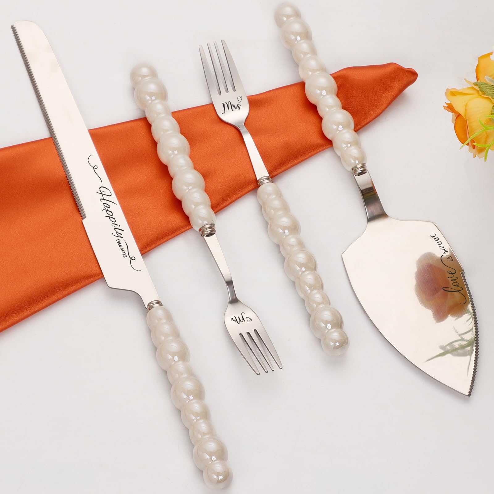 TUKDAK Pearl Wedding Cake Cutting Set with Forks, Cake Knife and Server Set with Stainless Steel Serrated Edges, Silver Pie Cutter Pizza Spatula, Gift for Bridal Couples Engagement