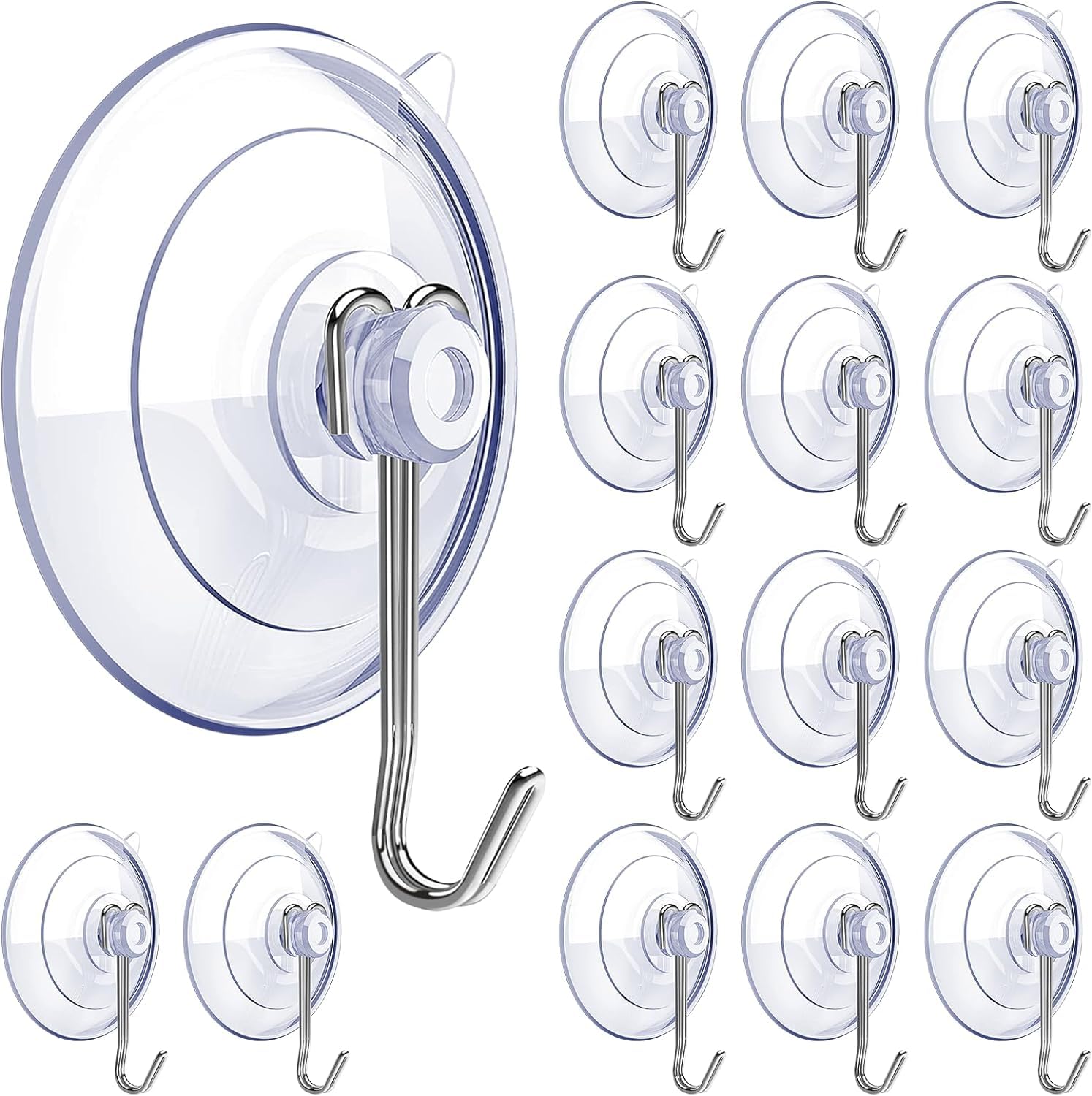 Clip Strip 25 Pack Suction Cup Hooks, 1.75" Diameter Clear PVC Suction Cups with Stainless Steel Hooks for Hanging on Glass, Window, Decor, Shower, Bathroom